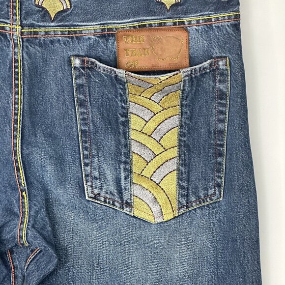 The Year Of Pig Mens Jeans Distressed Gold Silver Embroidered Straight 40x34 - Picture 12 of 16